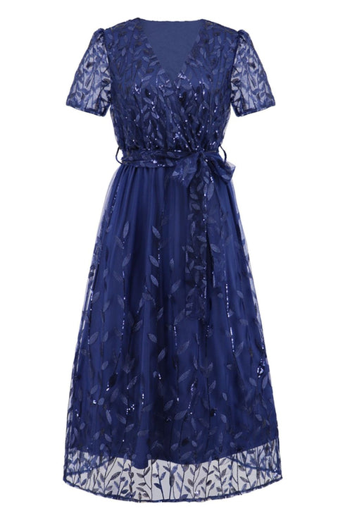 sequin-leaf-embroidery-tie-front-short-sleeve-dress Sophia's Trends - Sophia's Style-White-M